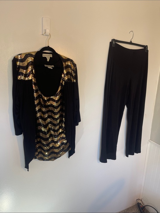 Seventh Avenue Pants - Womens plus size outfit 2X 3X Sequin Chevron Black & Gold tank, jacket, pants
